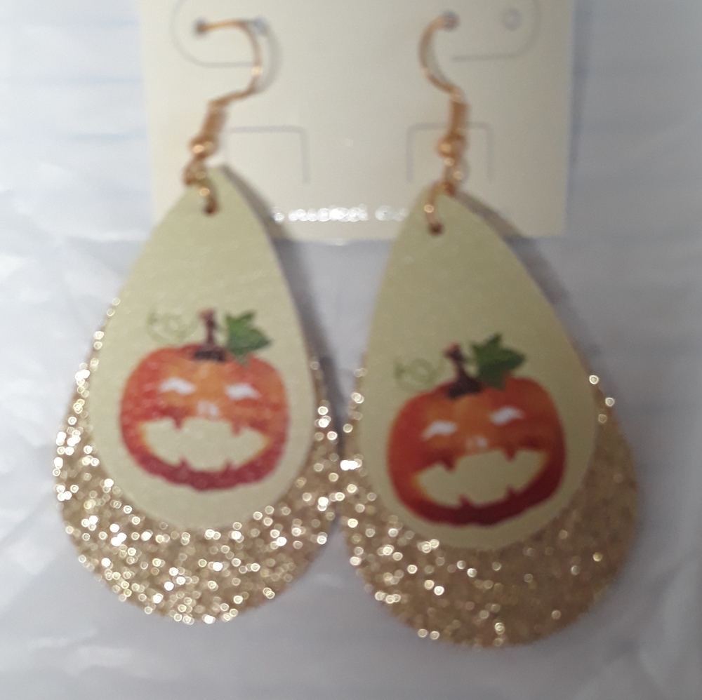 Halloween Pumpkin Glitter Gold Earrings Teardrop Leather Blingy Fall NEW Cute